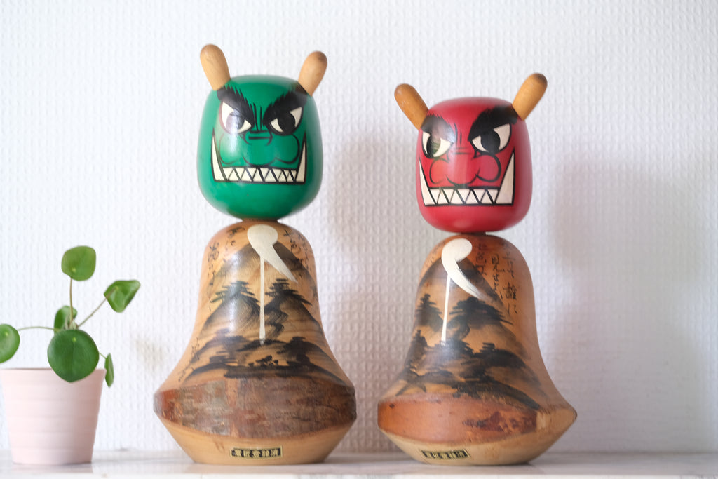 Rare Pair of Vintage Demon Kokeshi | 24,5 cm and 26 cm