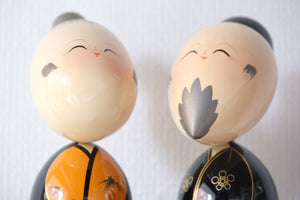 Lacquered Vintage Pair of Kokeshi | Takasago | With Original Box | 24 cm and 25 cm