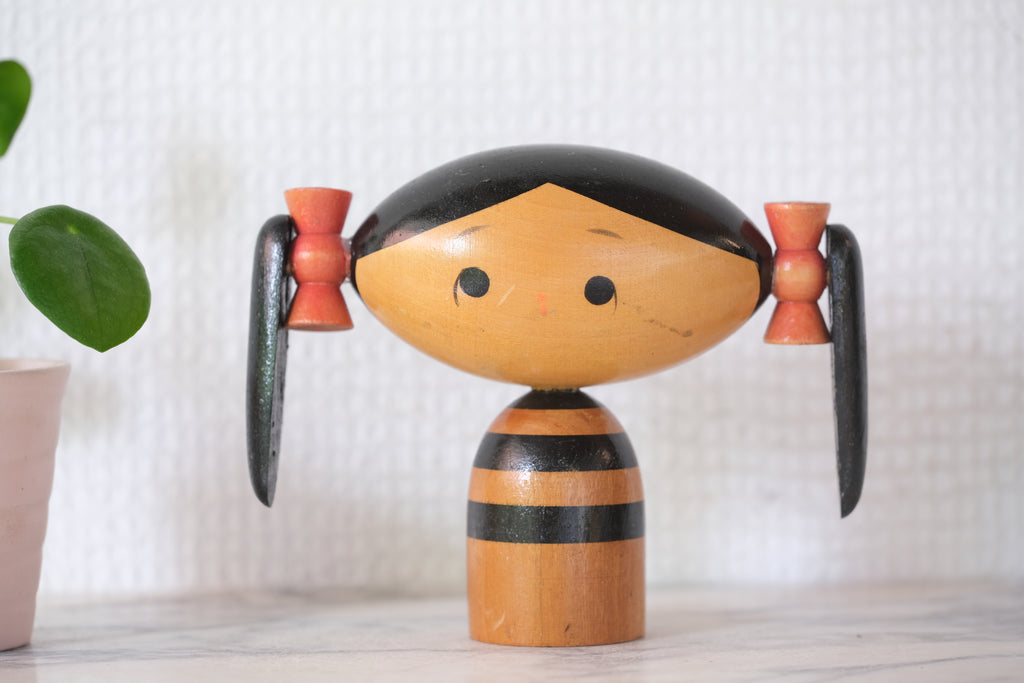 Cute Vintage Creative Kokeshi with Pigtails by Sato Norio | 10 cm