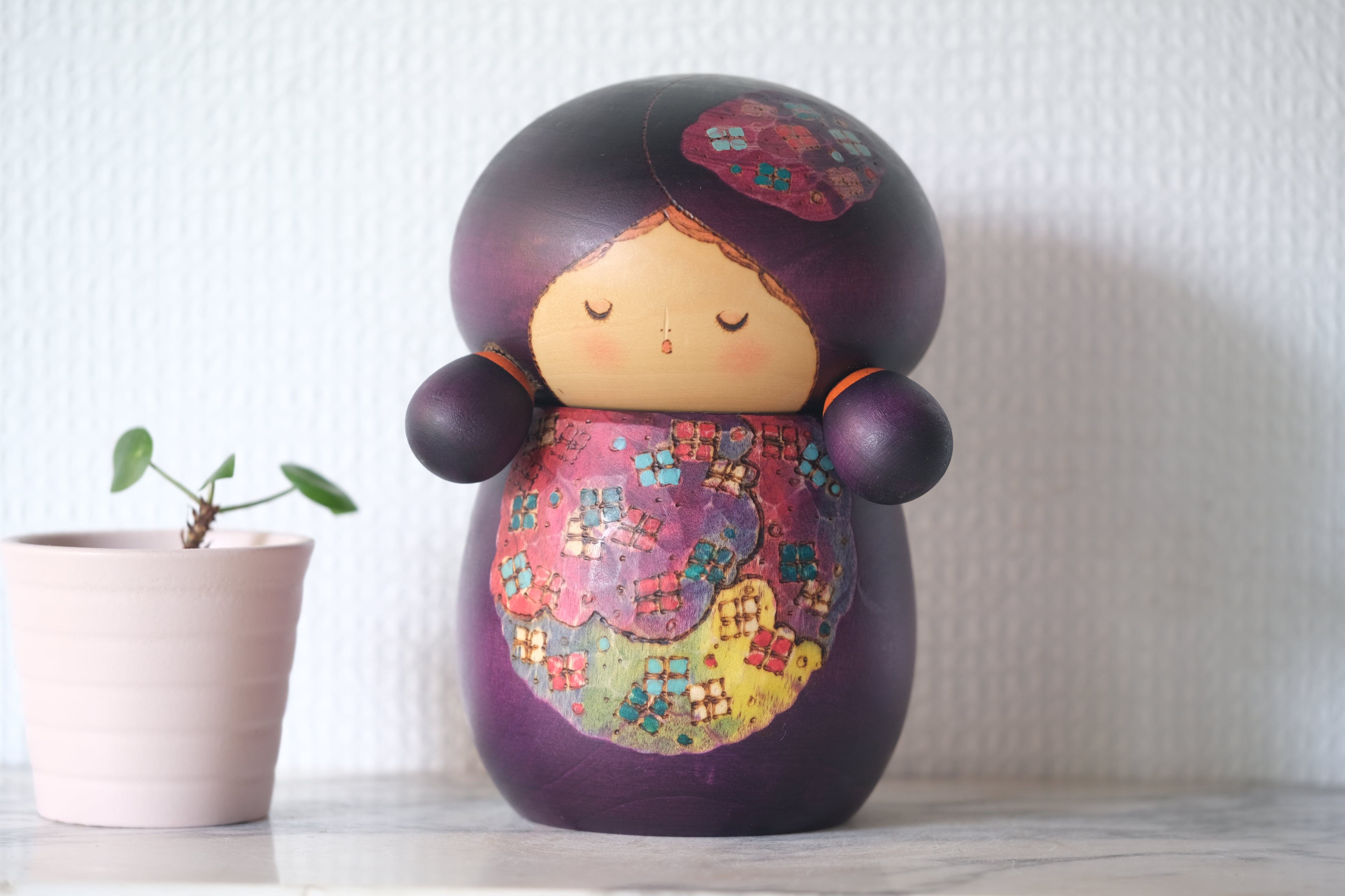 Exclusive Vintage Creative Kokeshi by Sansaku Sekiguchi 関口 三作 (1925-2018) | Titled: Hydrangea 紫陽花 | 15 cm