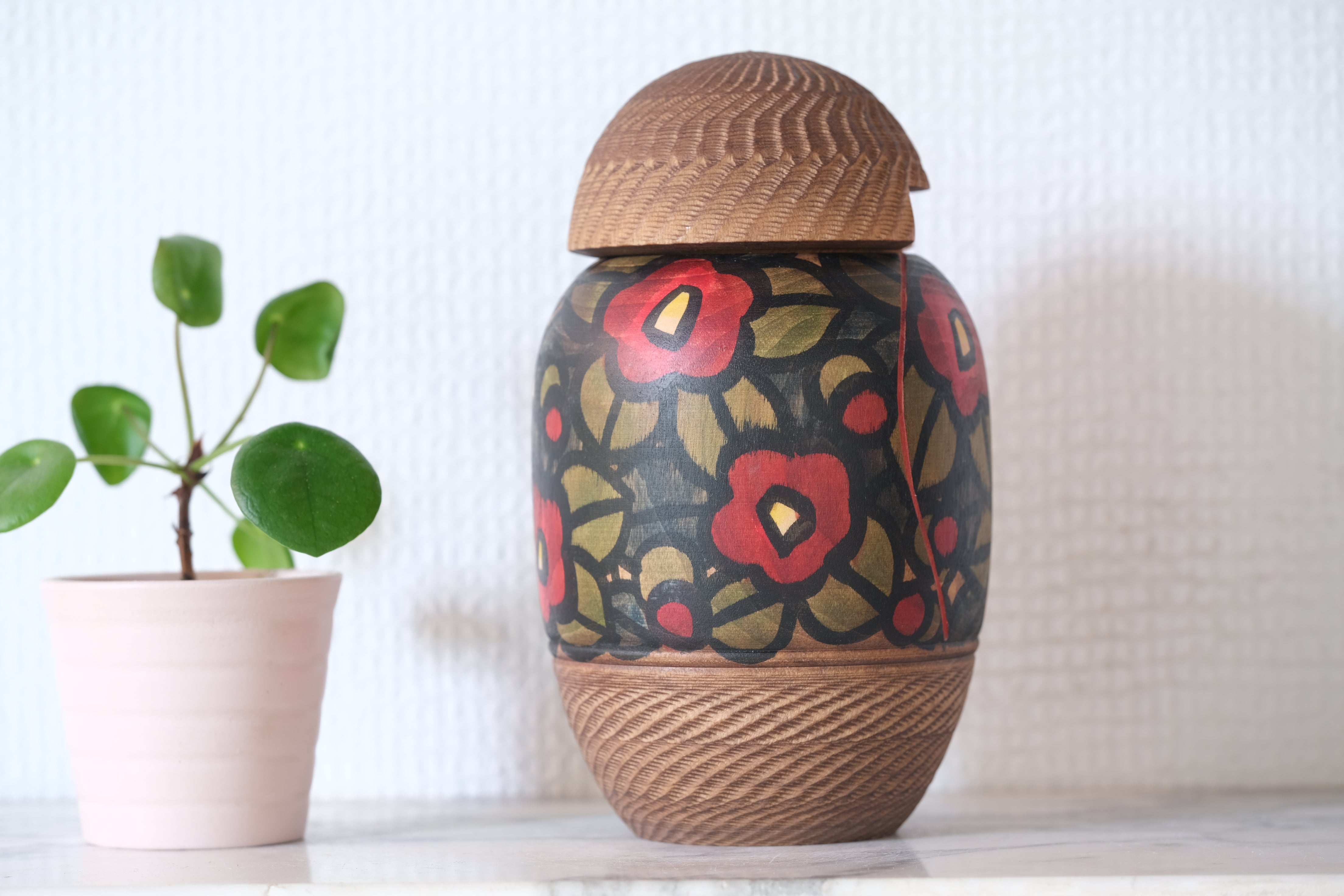 Exclusive Vintage Creative Kokeshi by Sansaku Sekiguchi 関口三 (1925-2018) | Titled: 山椿 - Camellia | 17 cm