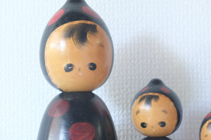 Rare Set of Three Vintage Creative Kokeshi by Watanabe Masao (1917-2007) | Titled: てんとう虫 - Ladybug | 15 cm, 18 and 27 cm