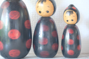 Rare Set of Three Vintage Creative Kokeshi by Watanabe Masao (1917-2007) | Titled: てんとう虫 - Ladybug | 15 cm, 18 and 27 cm