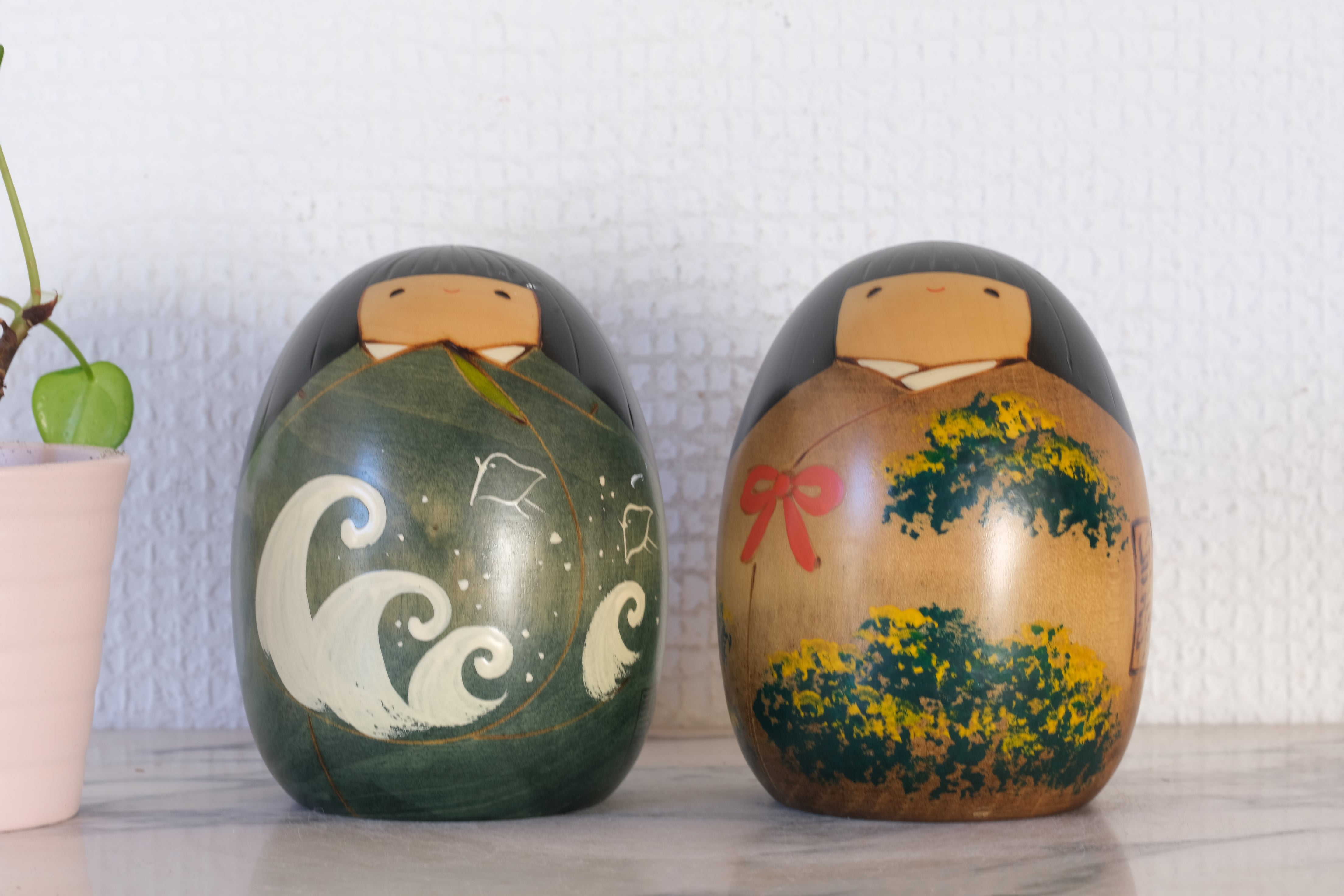 Two Seasonal Vintage Sosaku Kokeshi by Usaburo | Titled: Haru - Spring' & 'Natsu - Summer' | 9 cm