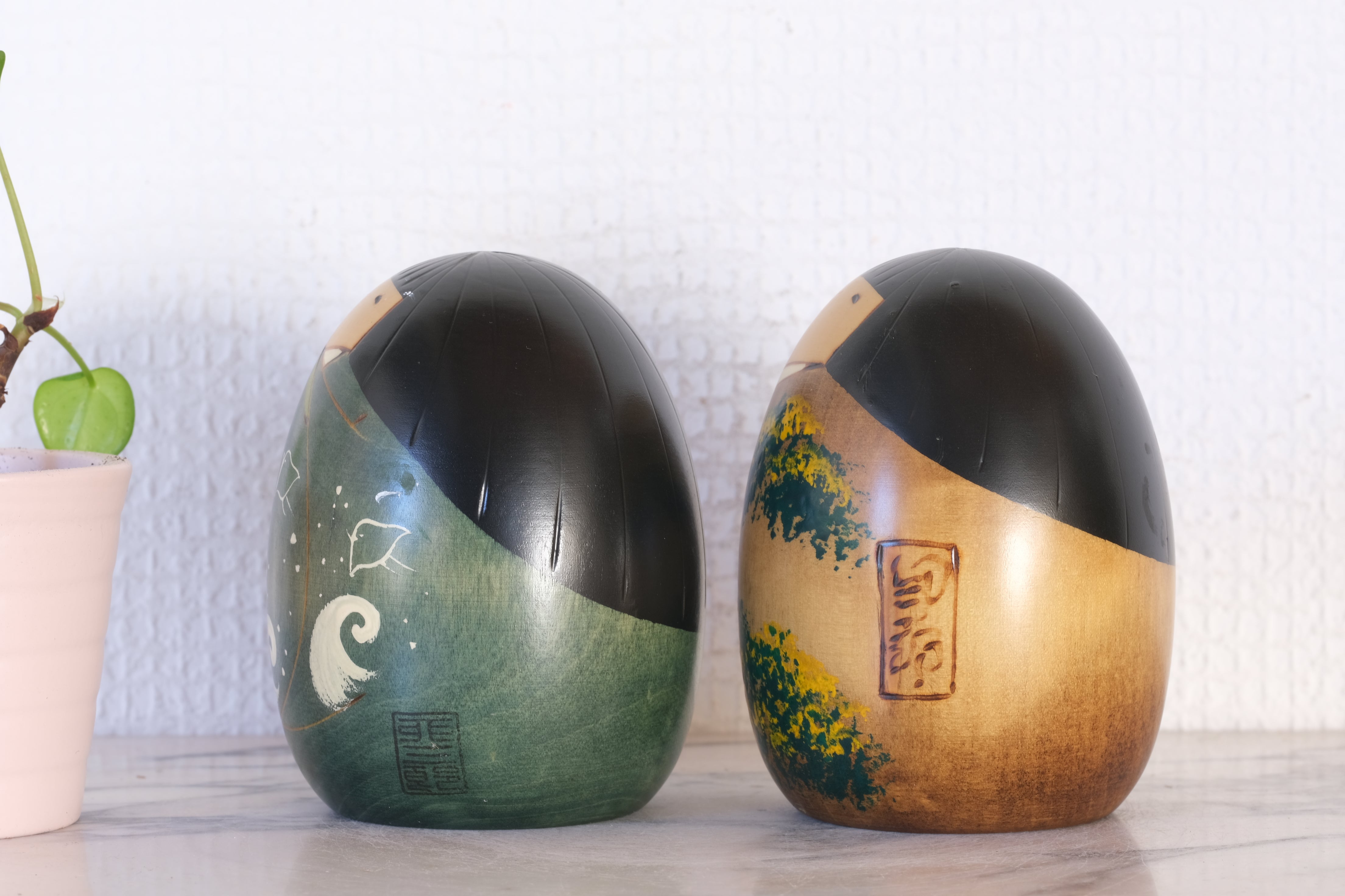 Two Seasonal Vintage Sosaku Kokeshi by Usaburo | Titled: Haru - Spring' & 'Natsu - Summer' | 9 cm