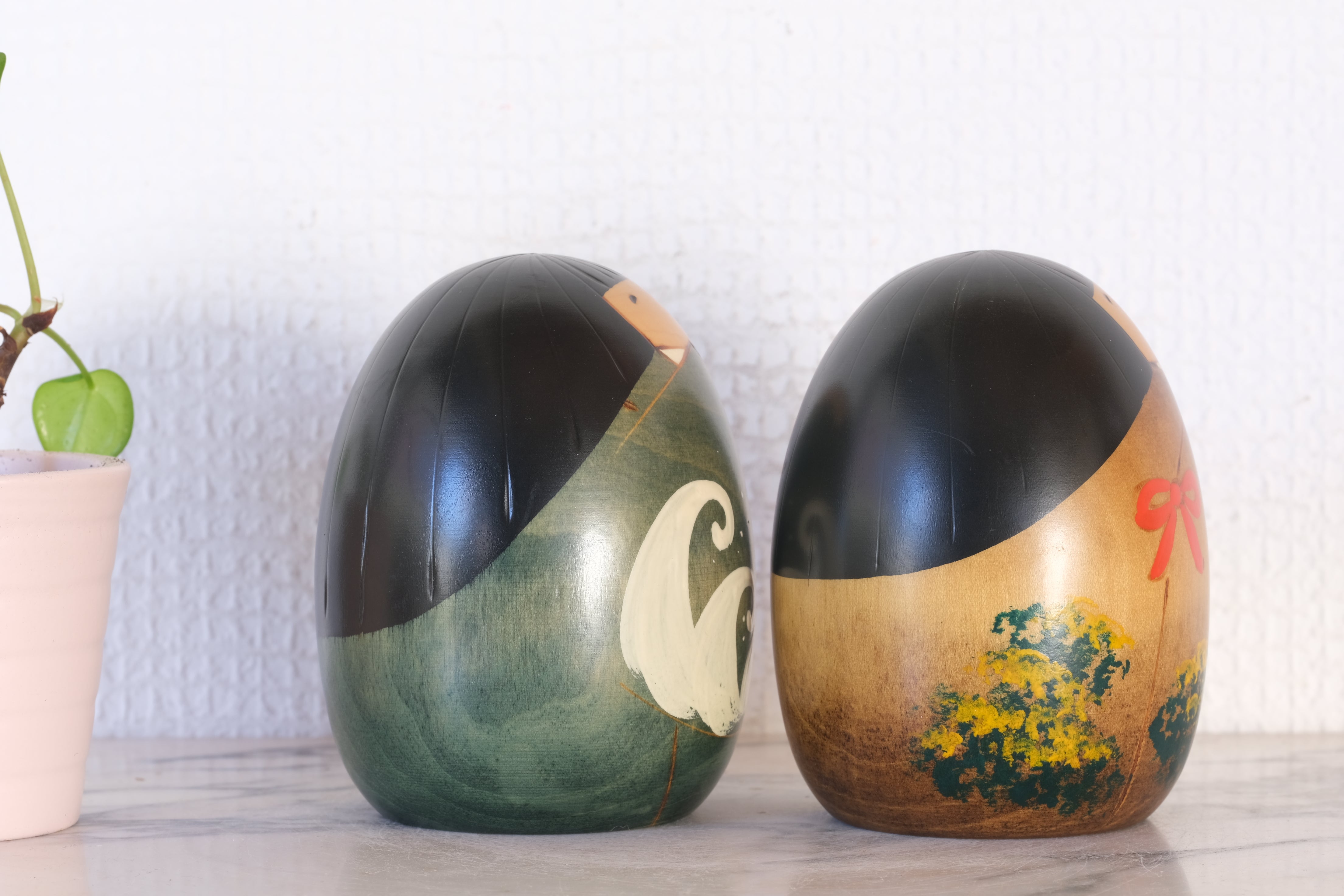 Two Seasonal Vintage Sosaku Kokeshi by Usaburo | Titled: Haru - Spring' & 'Natsu - Summer' | 9 cm