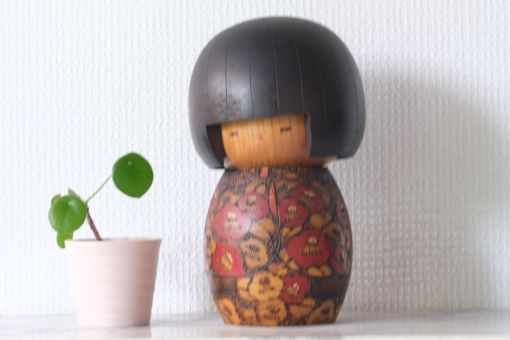 Vintage Gumma Kokeshi By Kazuo Takamizawa (1927-) | Titled: 'Tsubaki - Camellia Flowers' | 20 cm