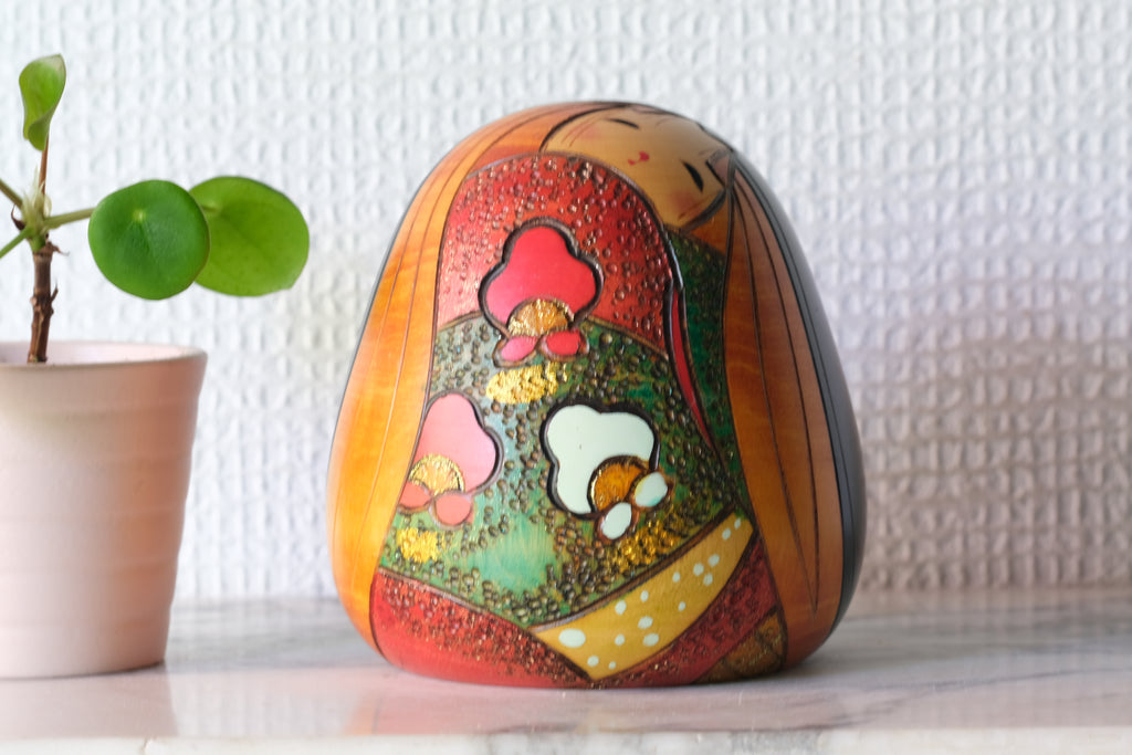Cute Vintage Creative Kokeshi by Toshio Sekiguchi (1947-) | Titled 'Soushun-fu - Ode to Early Spring' | 10 cm