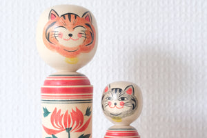 A Rare Pair of Traditional Narugo Kokeshi with Cat Faces | 12 cm and 18 cm