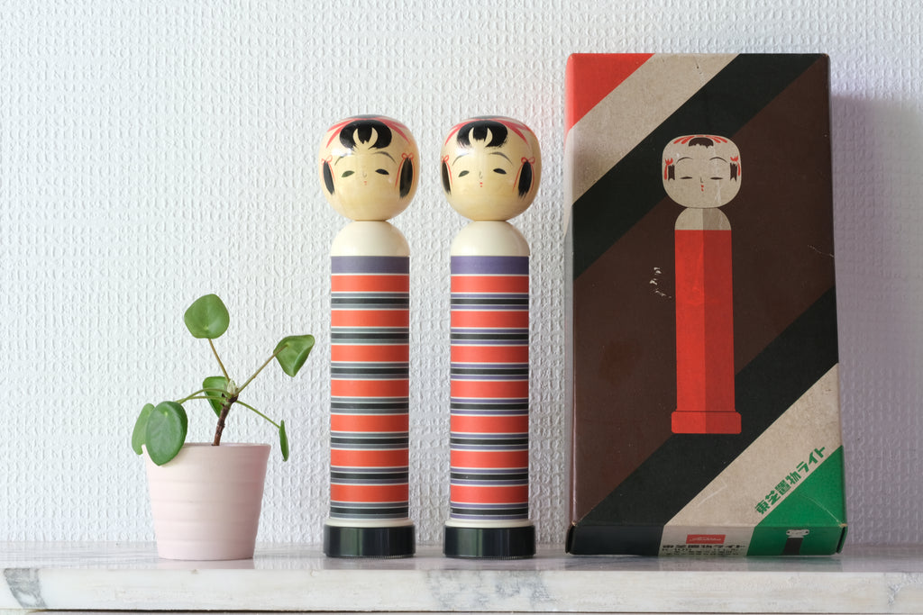Two Rare Vintage Kokeshi Flashlights | Toshiba | With Original Box | 23 cm
