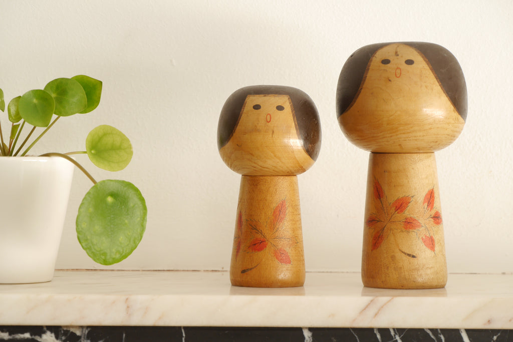 Two Vintage Creative Kokeshi with Autumn Leaves